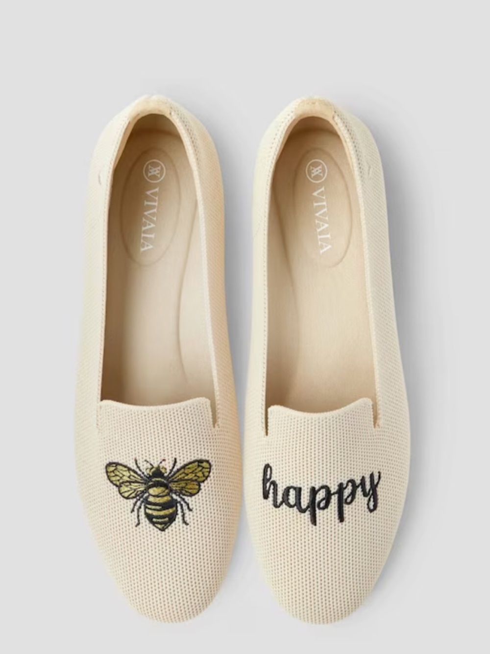 VIVAIA Bee Happy Audrey Ivory Round-Toe Embroidered Loafers Size 39.5